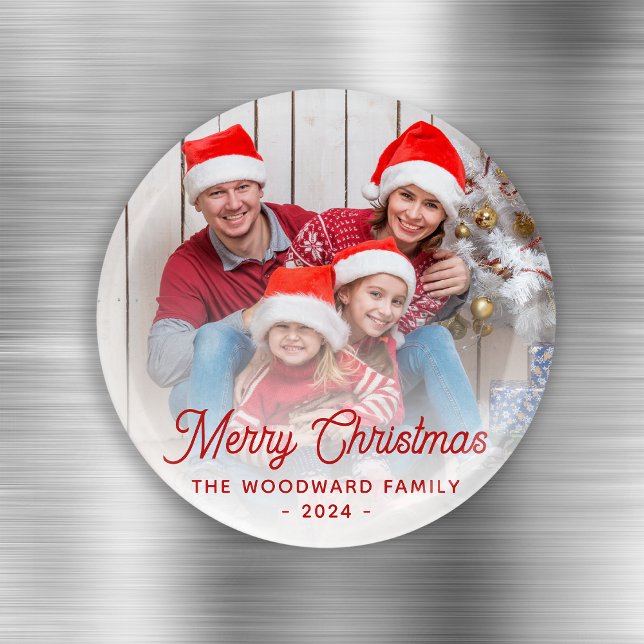 Merry Christmas Family Photo Red Script Magnet (Creator Uploaded)