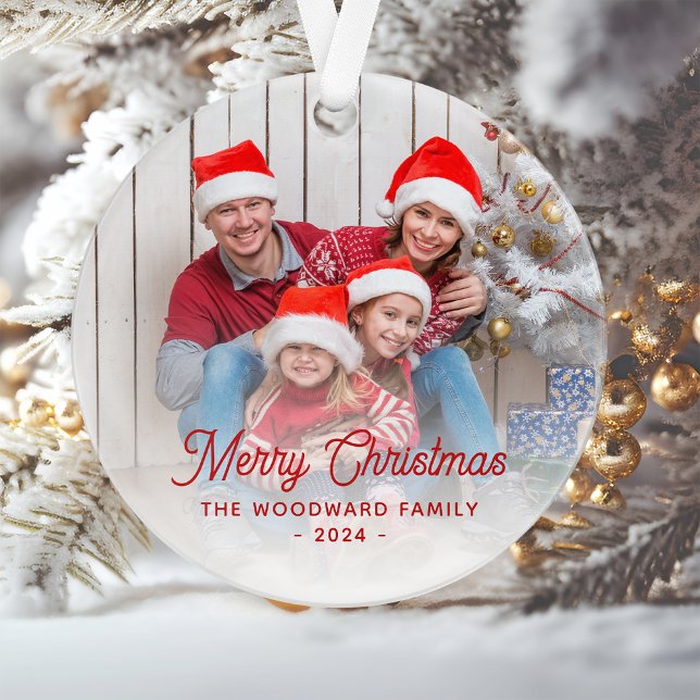 Merry Christmas Family Photo Red Script Ornament (Creator Uploaded)