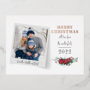 Merry Christmas Family Photo Rose Gold Foil Holiday Postcard