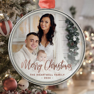 Merry Christmas Family Photo Rose Gold Script Metal Tree Decoration