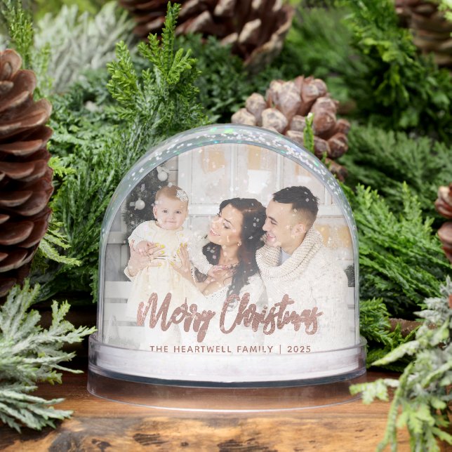 Merry Christmas Family Photo Rose Gold Script Snowglobe (Winter)