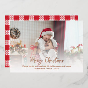Merry Christmas Family Photo Script Rose Gold Foil Holiday Card