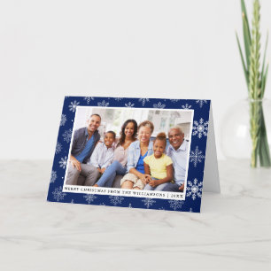 Merry Christmas Family Photo Snowflakes Blue Holiday Card
