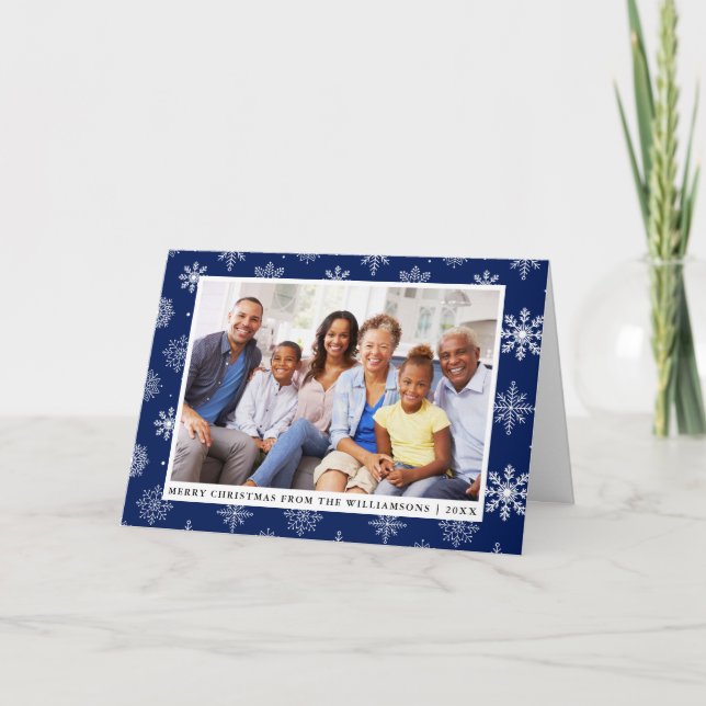 Merry Christmas Family Photo Snowflakes Blue Holiday Card (Front)