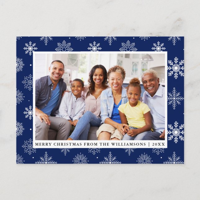 Merry Christmas Family Photo Snowflakes Blue Holiday Postcard (Front)