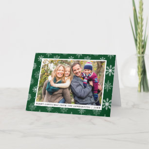 Merry Christmas Family Photo Snowflakes Green Holiday Card