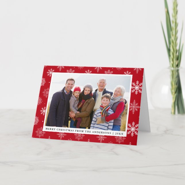 Merry Christmas Family Photo Snowflakes Red Holiday Card (Front)