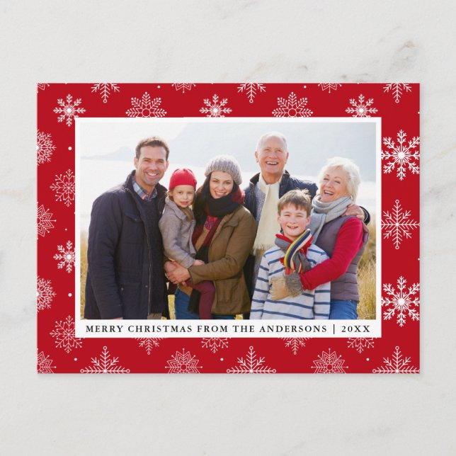 Merry Christmas Family Photo Snowflakes Red Holiday Postcard (Front)
