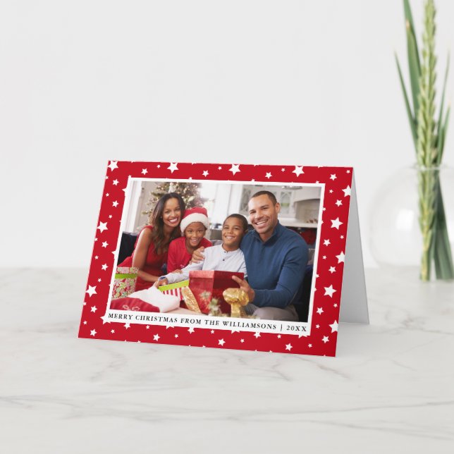 Merry Christmas Family Photo Stars Red Holiday Card (Front)