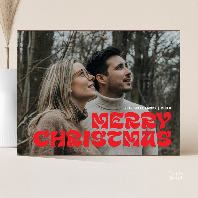 Merry Christmas Family Photo, Stylish Elegant Chic Postcard (Stylish Elegant, Merry Christmas Family Photo Chic Postcard in Romantic Bright Red)