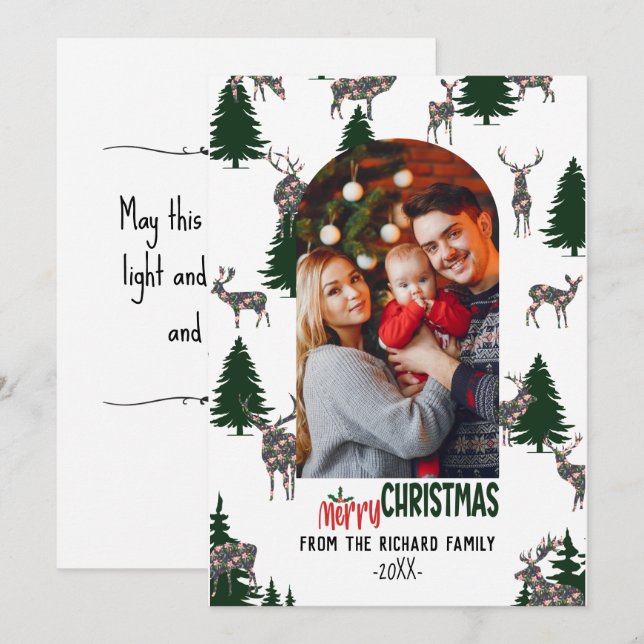 Merry Christmas Family Photo Tree Deer  Holiday Card (Front/Back)