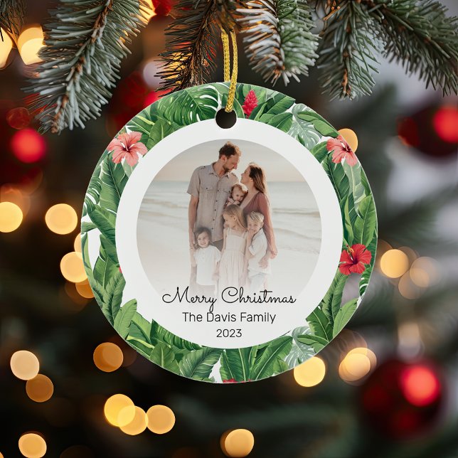 Merry Christmas Family Photo Tropical Flower Leaf  Ceramic Tree Decoration (Personalizable family photo Christmas ornament decorated with tropical green leaves and red flowers)