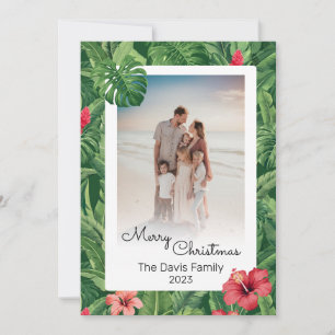 Merry Christmas Family Photo Tropical Flower Leaf  Holiday Card