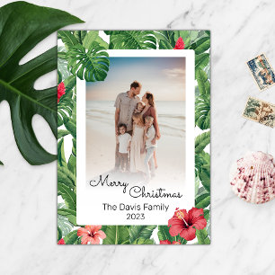 Merry Christmas Family Photo Tropical Flower Leaf Holiday Card