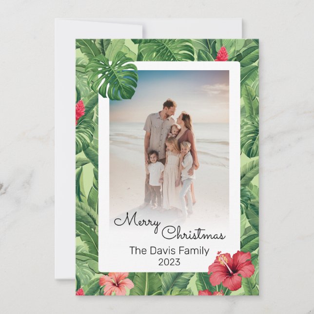 Merry Christmas Family Photo Tropical Flower Leaf  Holiday Card (Front)