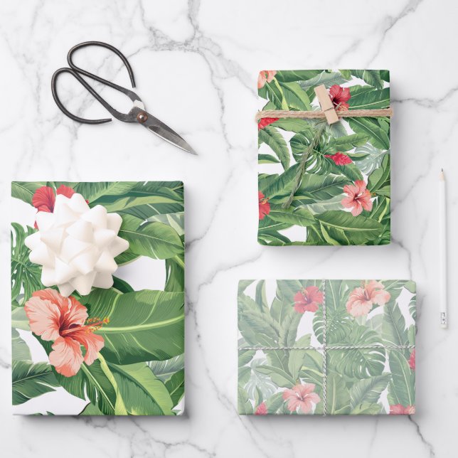 Merry Christmas Family Photo Tropical Flower Leaf  Wrapping Paper Sheet (Front)