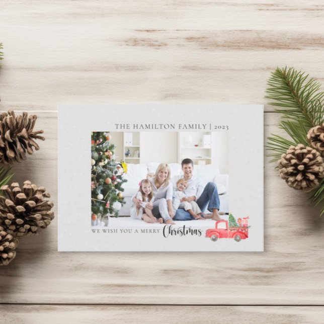 Merry Christmas Family Photo Watercolor Red Truck Holiday Card (Creator Uploaded)
