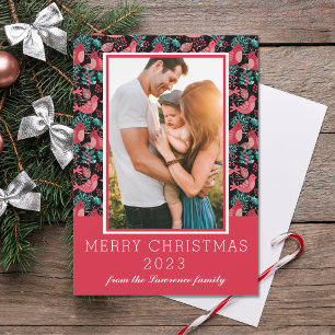 Merry Christmas Family Photo Winter Birds Berries Holiday Card