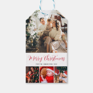 Merry Christmas family photos red calligraphy font Gift Tags