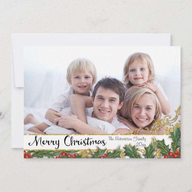 Merry Christmas Family Portrait Gold Glitter Photo Holiday Card (Front)