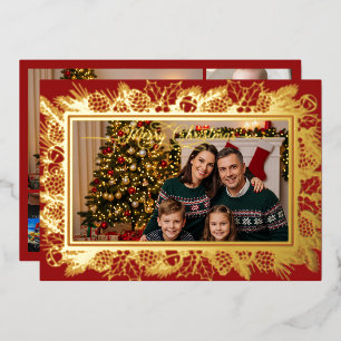 Merry Christmas Family Portrait Red Gold Foil Holiday Card
