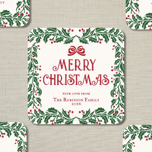 Merry Christmas Family Red Green Garland Square Sticker