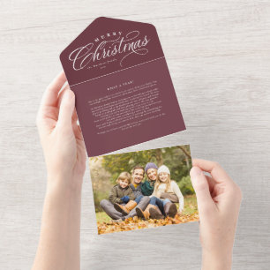 Merry Christmas family update maroon red trifold All In One Invitation
