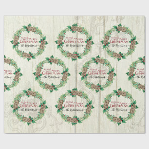 Merry Christmas Family Wreath Pine Cone Farmhouse  Wrapping Paper