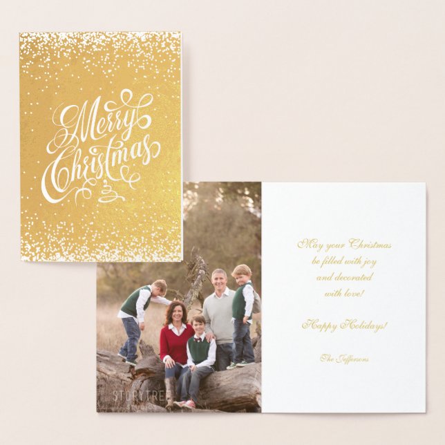 Merry Christmas Fancy Calligraphy White Snowfall Foil Card (Display)