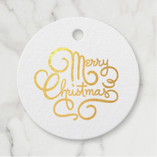 Merry Christmas Fancy Font Gold Foil Round Gift Favour Tags