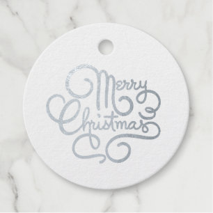 Merry Christmas Fancy Font Silver Foil Round Gift Favour Tags