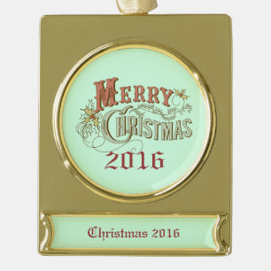 Merry Christmas Fancy Text Design Gold Plated Banner Ornament