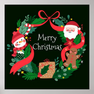 Merry  Christmas Fancy Weath, Santa and snowman Poster