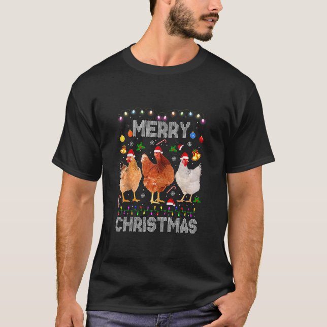 Merry Christmas Farmer Chickens Light Reindeer San T-Shirt (Front)
