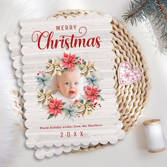 Merry Christmas Farmhouse Poinsettia Wreath Photo Holiday Card (Creator Uploaded)