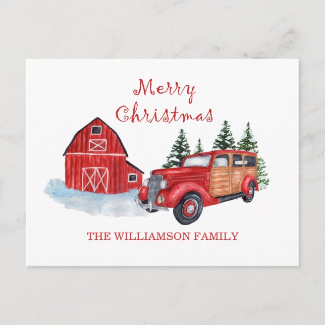 Merry Christmas Farmhouse Red Truck | Family Name Postcard (Front)