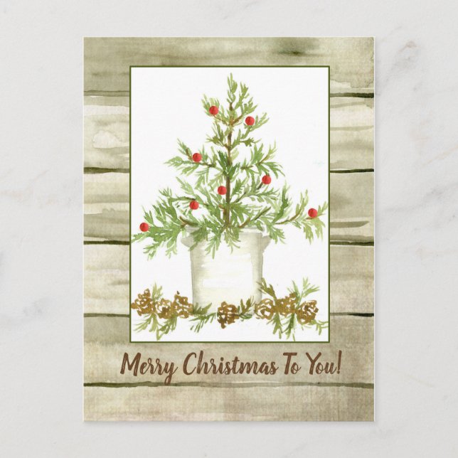 Merry Christmas Farmhouse Tree Woodgrain Postcard (Front)