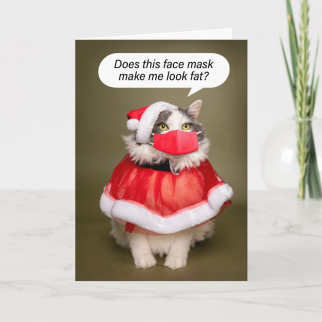 Merry Christmas Fat Cat in Santa Hat and Face Mask Holiday Card (Front)
