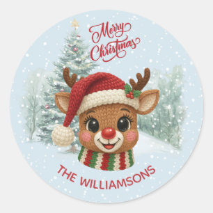 Merry Christmas Faux Crochet Reindeer Snow Classic Round Sticker