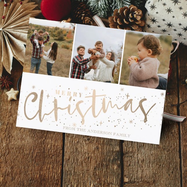 Merry Christmas Faux Gold 3 Photo Christmas  Postcard (Creator Uploaded)