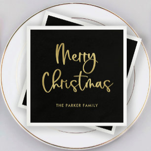 Merry Christmas   Faux Gold Casual Script on Black Napkin