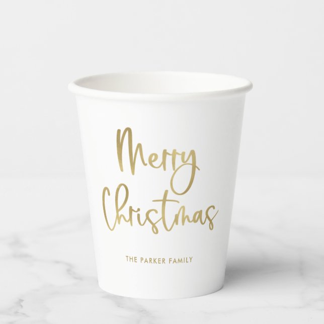 Merry Christmas | Faux Gold Casual Script on White Paper Cups (Front)
