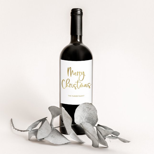 Merry Christmas | Faux Gold Casual Script on White Wine Label (An elegant holiday wine label with faux gold text on white)