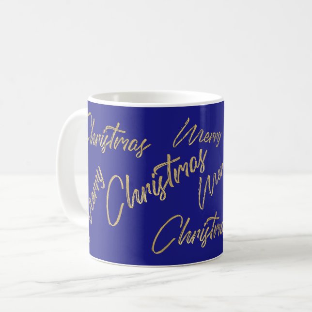 Merry Christmas Faux Gold Foil and Blue Coffee Mug (Front Left)