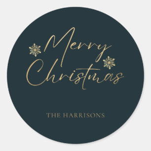 Merry Christmas Faux Gold Foil Navy Casual Script Classic Round Sticker