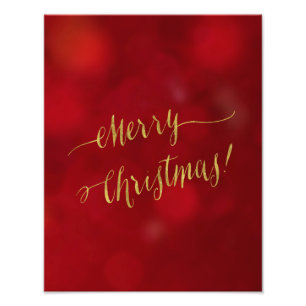 Merry Christmas Faux Gold Foil Red Bokeh Script Photo Print