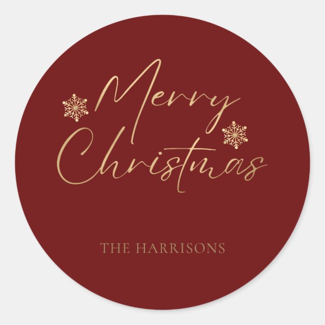Merry Christmas Faux Gold Foil Red Casual Script Classic Round Sticker (Front)