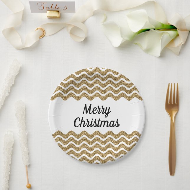 Merry Christmas Faux Gold Glitter White Stripes Paper Plate (Wedding)