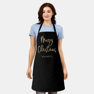 Merry Christmas   Faux Gold on Black Casual Script Apron