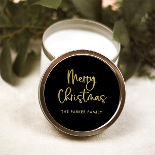 Merry Christmas   Faux Gold on Black Casual Script Classic Round Sticker